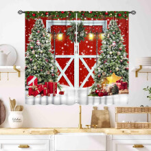 Red Christmas Curtains with Snowflakes and Glitter 2 Panels