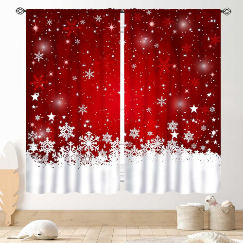 Christmas Kitchen Curtains Red White Snowflakes 2 Panels