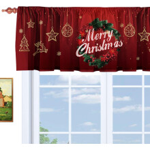 Christmas Wreath Valance Red Star Deer 54x18 inch Rod Pocket