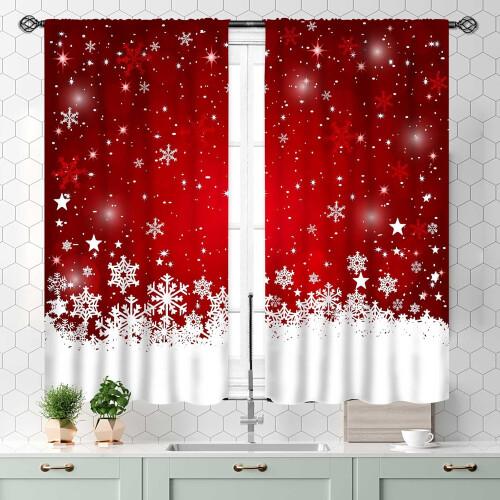 Christmas Kitchen Curtains Red White Snowflakes 2 Panels 2