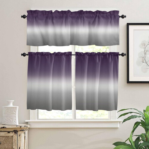 Ombre Kitchen Curtain Valance and Tiers Set Purple Grey 1