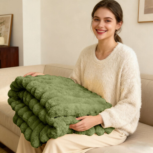 Ribbed Fleece Throw Blanket Green 78.7x70 in 1