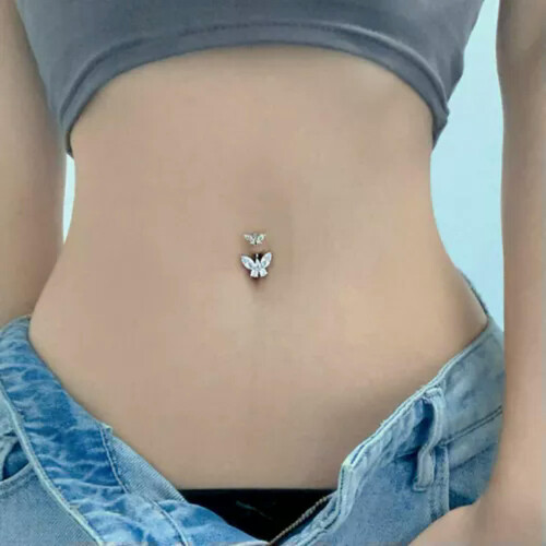 Sterling Silver Butterfly CZ Belly Bar 6mm 1