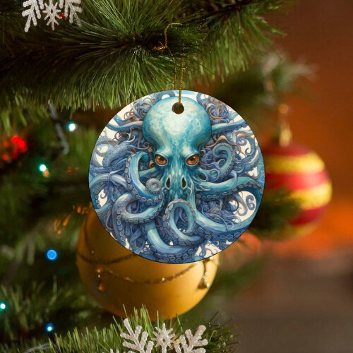 Vintage Blue Octopus Ceramic Ornament 3 inch 2