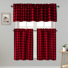 Semi Sheer Kitchen Curtains Set Buffalo Plaid Black Red 3