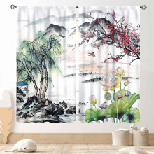 Asian Ink Painting Curtains Cherry Blossoms Mountains 84x63