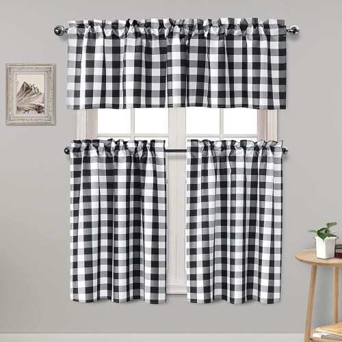 Semi Sheer Kitchen Curtains Set Buffalo Plaid Black White 3