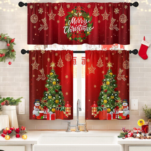 Christmas Kitchen Curtains Set Red Wreath Design 36 Inch