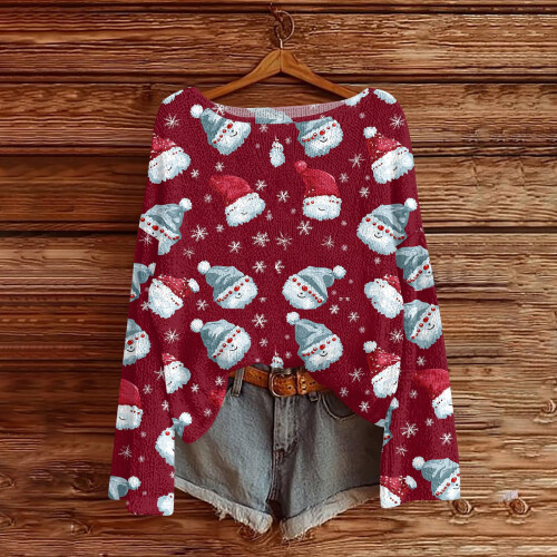 Women's Christmas Print Knit Pullover Top Red Loose Fit 1