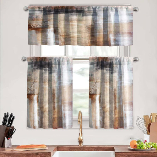 Kitchen Curtains Set Brown Beige 3-Piece Tiers and Valances