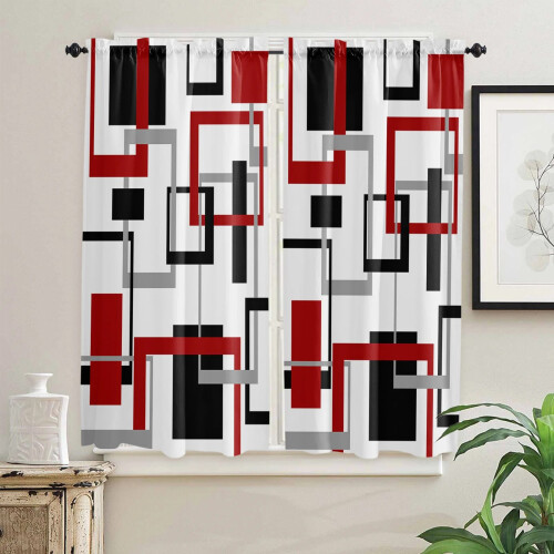 Abstract Geometric Square Curtain Black Red Rod Pocket 2