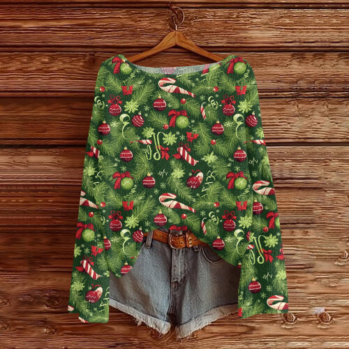 Women's Christmas Print Knit Pullover Top Green XL 1