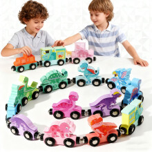 Magnetic Wooden Train and Dino Blocks Set for Toddlers