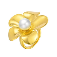 Stainless Steel Pearl Flower Ring Gold Size 7