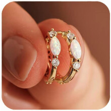 Gold Opal Huggie Earrings with Zircons Small Hoop