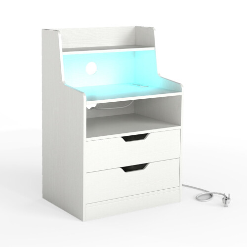LED nattbord med ladestasjon, 2 skuffer, hvit 1