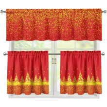 Gold Christmas Tree Kitchen Curtains Set with Rod Pocket
