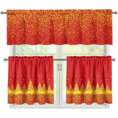Gold Christmas Tree Kitchen Curtains Set with Rod Pocket