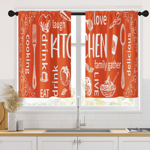 Orange and White Kitchen Curtains Modern Short Tier Set of 2