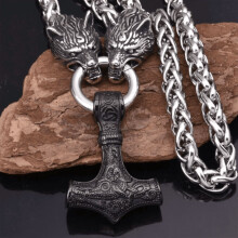 Nordic Viking Wolf Head and Hammer Pendant Necklace Zinc
