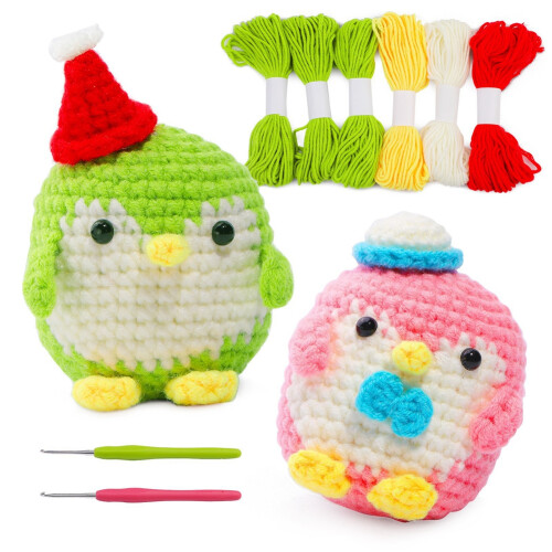 Penguin Doll Crochet Set Beginner Kit Pink Green 2 pcs