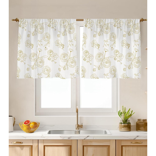 White and Gold Rose Kitchen Curtains 26x24 inch