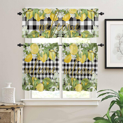 Lemon Buffalo Plaid Kitchen Curtains Set Black White 3 Piece 1