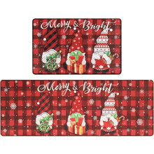 Christmas Gnome Kitchen Rugs Set of 2 Red Buffalo Plaid