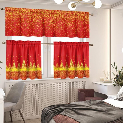 Gold Christmas Tree Kitchen Curtains Set with Rod Pocket 1