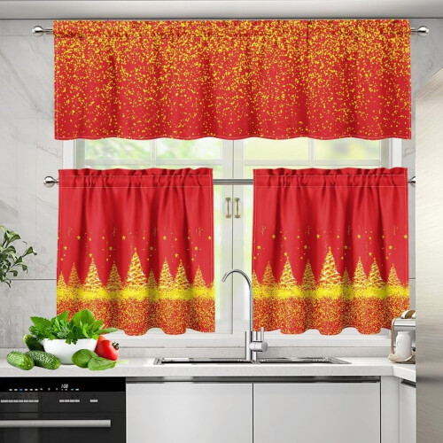 Gold Christmas Tree Kitchen Curtains Set with Rod Pocket 2
