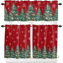 Ensemble de rideaux de cuisine à motif sapin de Noël rouge, 3 pièces, tringle de 61 cm (24 pouces).