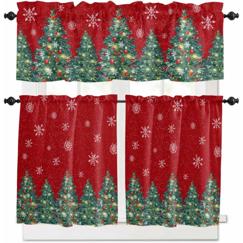 Red Christmas Tree Kitchen Curtains Set 3-Piece 24 Inch Rod