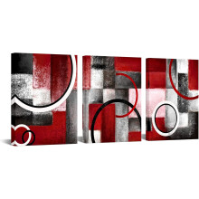 Tableau abstrait géométrique circulaire sur toile rouge gris bordeaux1