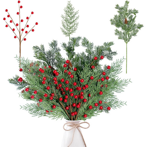 Artificial Red Berry Pine Branches with Cones 30 Pcs