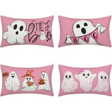Ensemble de 4 housses de coussin Halloween Boo, 30 x 50 cm, lin rose
