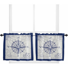 Rideaux bleu marine rétro avec boussole et passe-tringle (2 panneaux)
