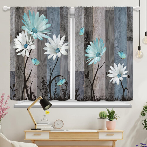 Teal Daisy Floral Kitchen Curtains Rustic Brown Wooden 2 1