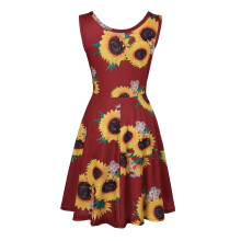 Ärmelloses A-Linien-Kleid mit Sonnenblumenmuster für Damen, Weinrot, XXL