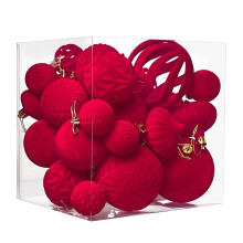 Boules de Noël en velours rouge floqué (36 pièces)