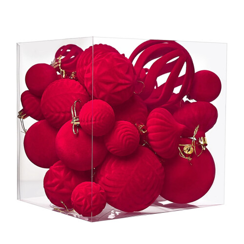 Boules de Noël en velours rouge floqué (36 pièces)