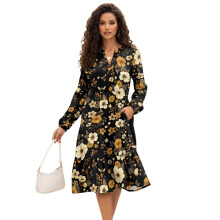Damen-Midikleid mit Blumenmuster, langen Ärmeln, V-Ausschnitt und Rüschen