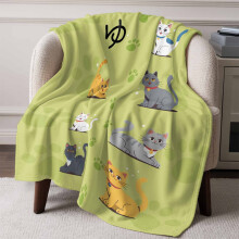 Cat Cartoon Flannel Fleece Throw Blanket 60x80 in Sage Green