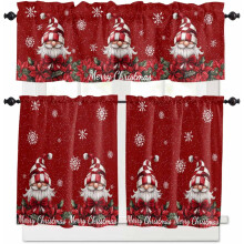 Christmas Gnomes Kitchen Curtains Set Red Poinsettia
