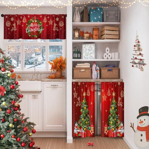 Christmas Kitchen Curtains Set Red Wreath Design 36 Inch 1