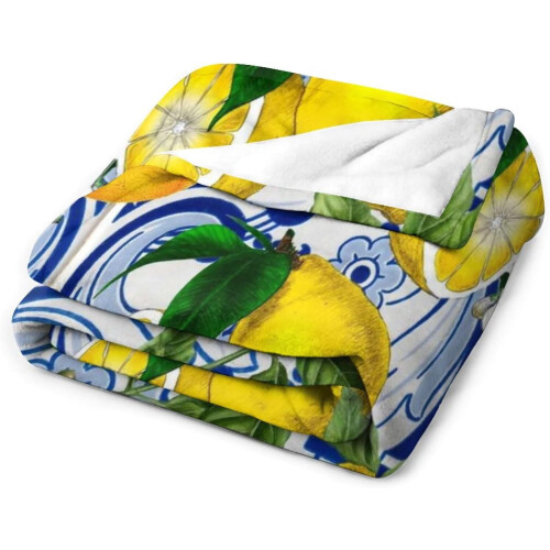 Lemon Blue Ceramic Tiles Throw Blanket 50x40 inches 1