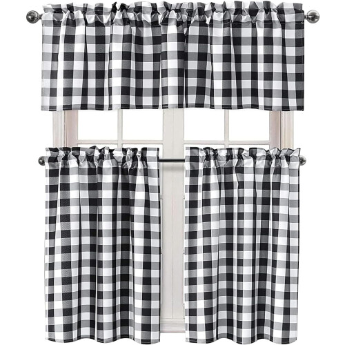 Semi Sheer Kitchen Curtains Set Buffalo Plaid Black White 3 1