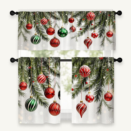 Christmas Kitchen Curtains White Branches Balls Theme