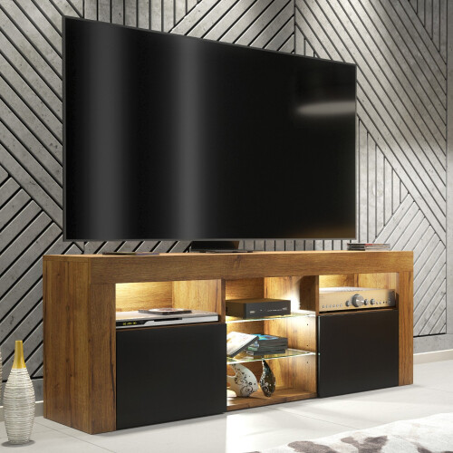 TV Unit 145cm Pulse - Oak & Black Matte Doors and LED Lights