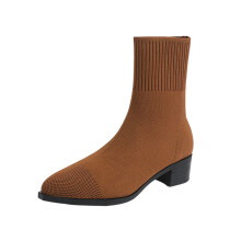 Women's Knitted Ankle Boots Brown Pointed Toe Elastic Mesh