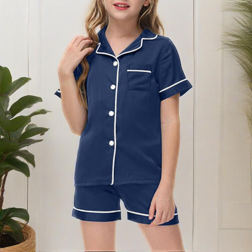 Silk-look short-sleeve pajama set dark blue 140 2
